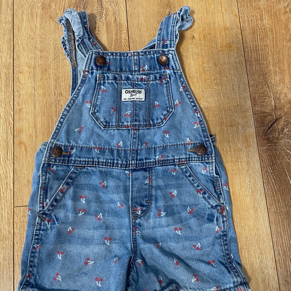 OshKosh B'gosh Blue Denim Kids Overalls with Red Floral Pattern
